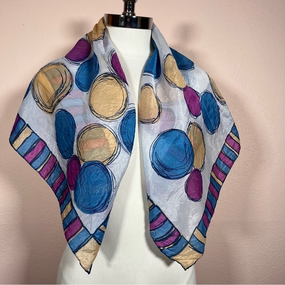 Vintage 40 50 Retro MOD Large Circle Dot Magenta Blue Large Square Scarf - Picture 14 of 17